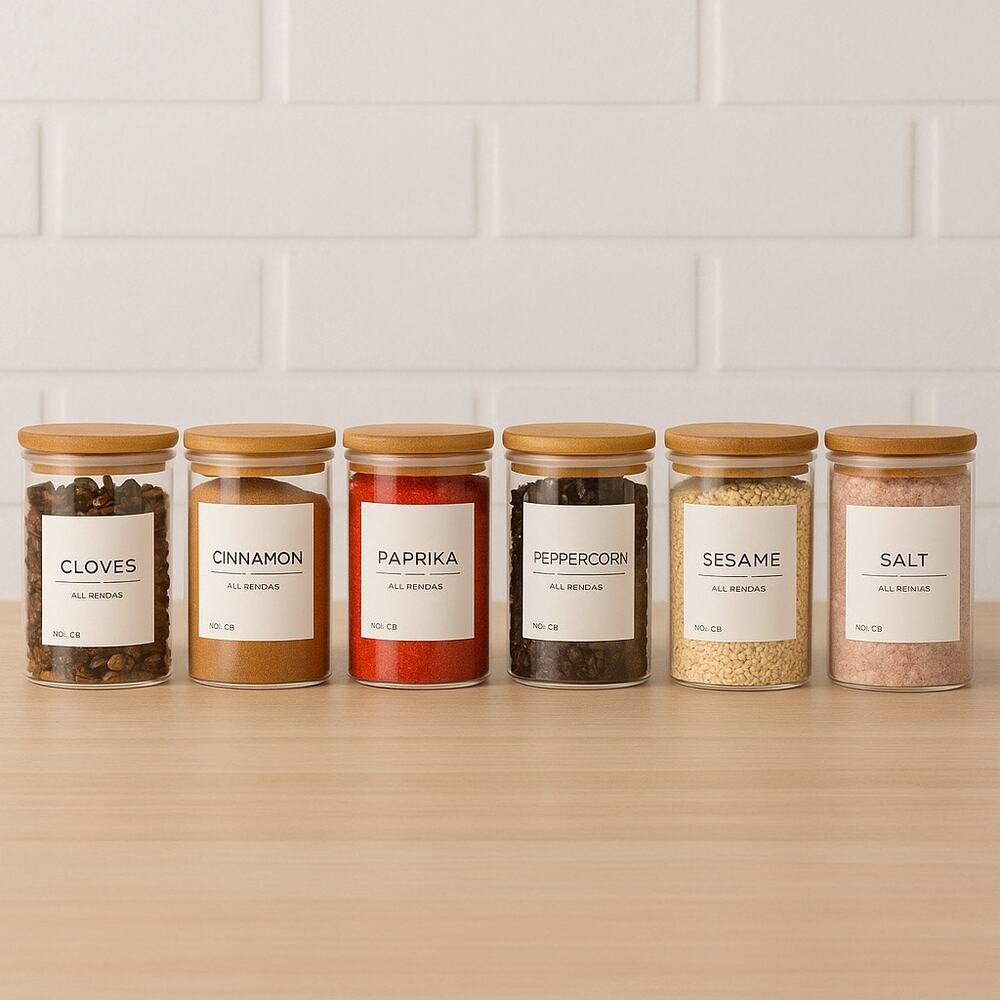 Baker & Brewer Bamboo & Glass Spice Jar Set (6 Pack) with Airtight Lids & Labels